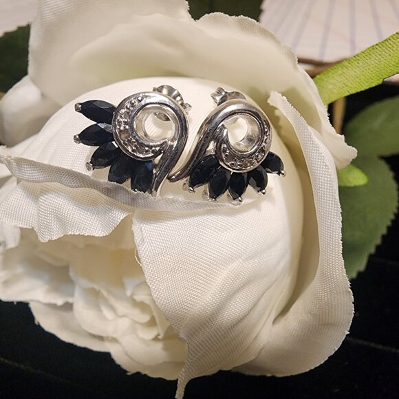 Sapphire & Diamond Petal Earrings, White Gold Rhodium over Sterling Silver - Picture 4 of 8